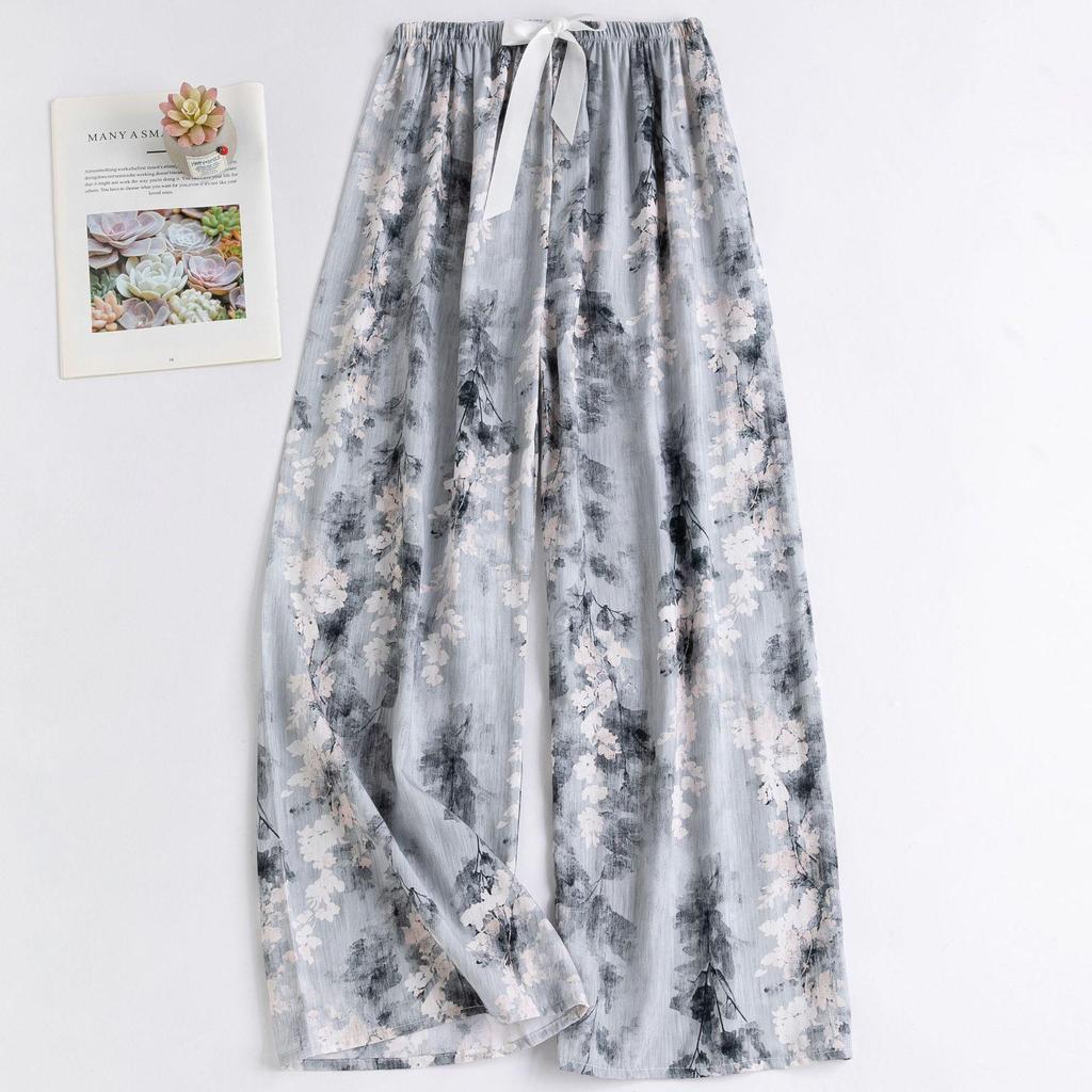 Women's Floral Cotton Silk Pajama Pants, Mosquito Repellent, Outdoor & Home Wear, Plus Size, Lightweight Summer Style.