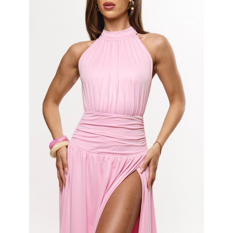 long skirt with neck and waist split, gentle wind drooping and thin dress, holiday style women's clothing