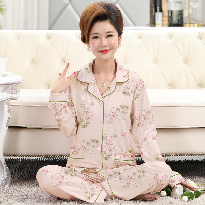 Frühlings- und Herbstpyjama Damen Imitationsbaumwolle langärmelig dünn hochwertig reiche Blume Mutter Loungewear-Set