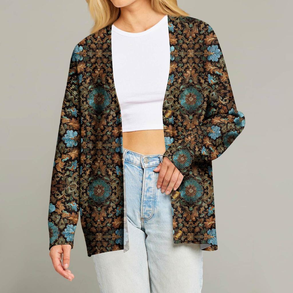 Women's Fashion Long Sleeve Christmas Print V-Neck Button Loose Cardigan Top
