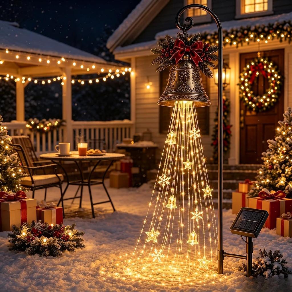 2 Stück 3D Weihnachtsglocke Kaskade Solar, Weihnachts-Gartenstecker-Licht Fließende Kaskadierende Schneeflocke LED Weihnachts-Gartenlicht Weihnachten Außen