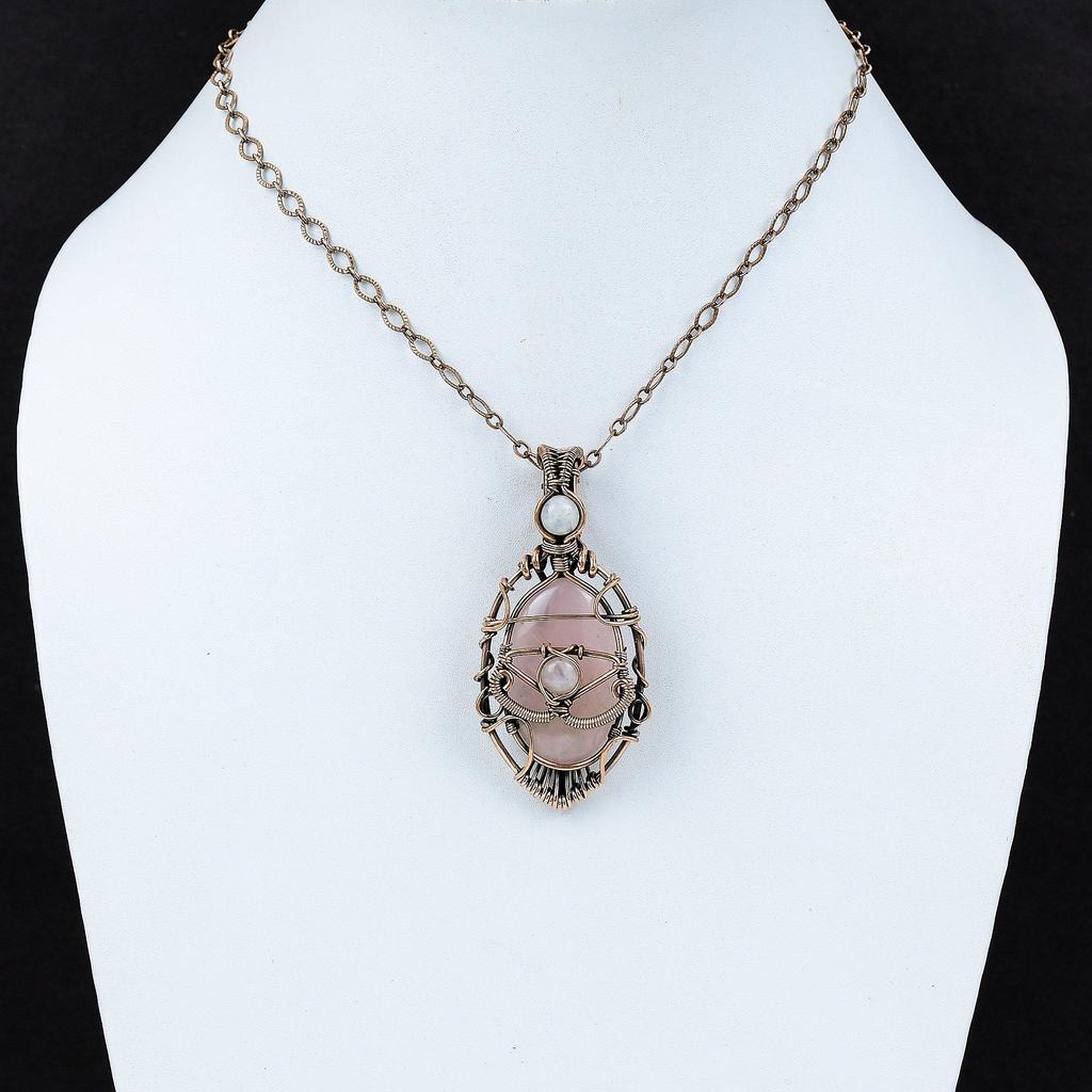 Evil Eye Rose Quartz Pendant Copper Wire Wrapped Pendant Rainbow Moonstone Gemstone Pendant Gift For Him Evil Eye Jewelry Handmade Pendant