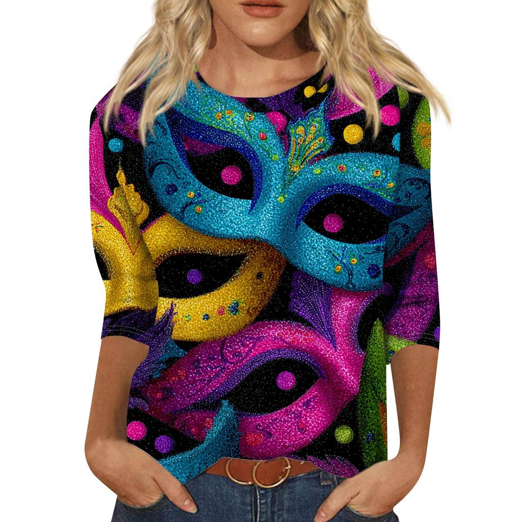 Top de Cuello con Estampado de Carnaval de Manga Tres Cuartos Casual y a la Moda para Mujer