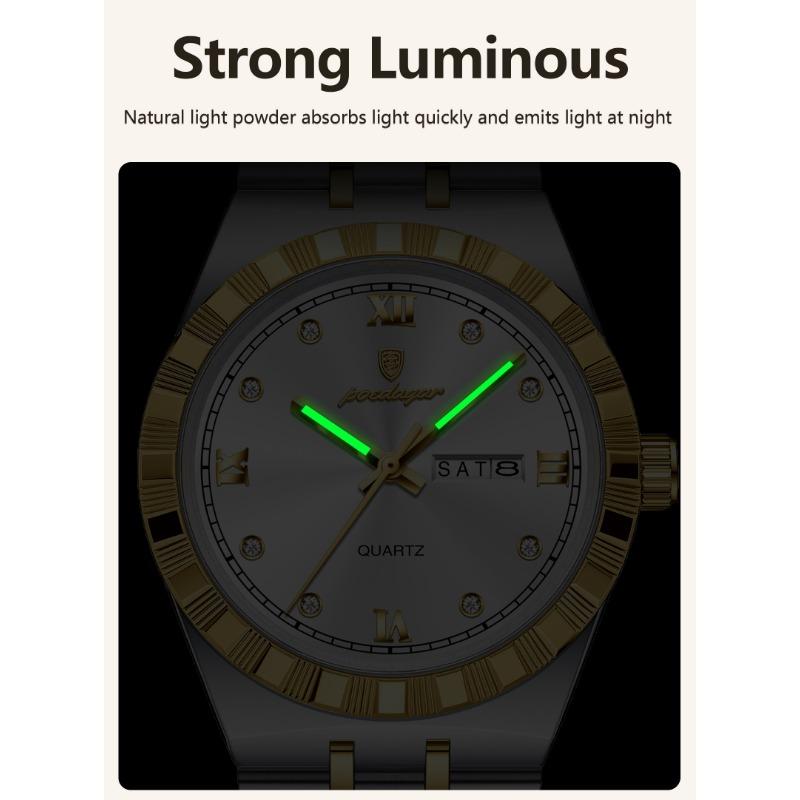 POEDAGAR Luxury Business Male Watch Waterproof Luminous Week Date Wristwatch Stainless Steel Trendy Quartz Watches for Men