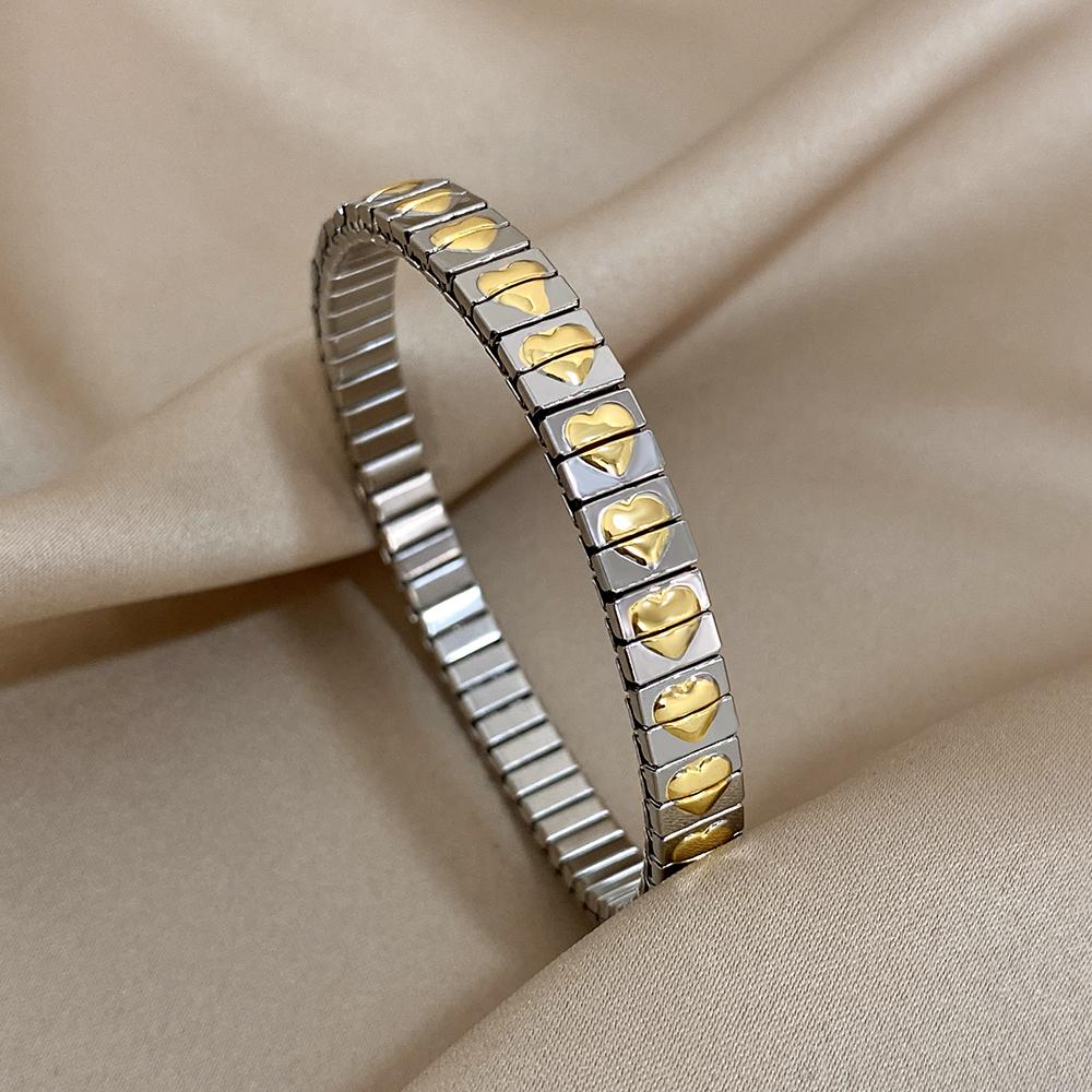 AENSOA Vintage Elastizität Edelstahl Armreifen Armband für Damen Klassisch Herz Quadrat Verstellbares Armband Wasserdichter Armreif