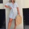 Damen Sommer Denim V-Ausschnitt Ärmel A-Linie Zerrissener Saum Kurzes Kleid Revers Über Knie Länge Brusttasche