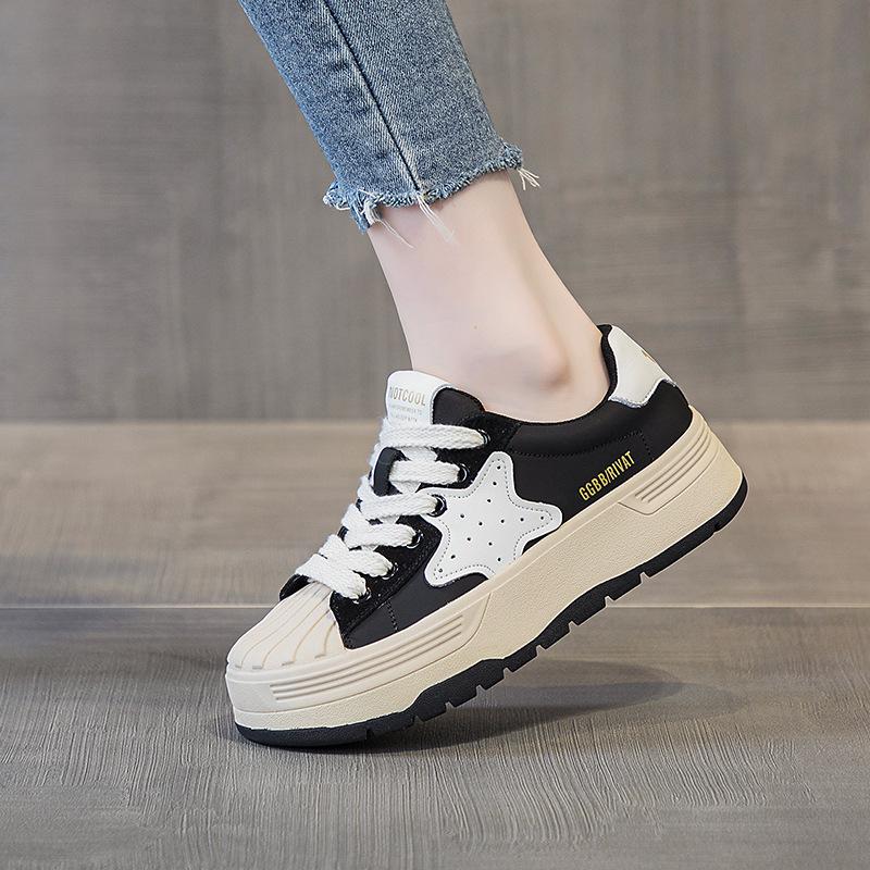 Leather Platform Biscuit Shoes Shell Head White Shoes Women's Velvet New Four-season Women's Shoes Versatile Sports and Leisure Board Shoes