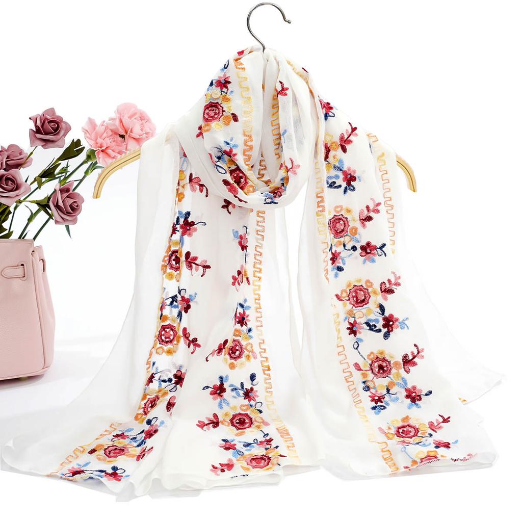 A Women'S Fashionable Embroidered Embroidered Soft Edged Thin Scarf Shawl