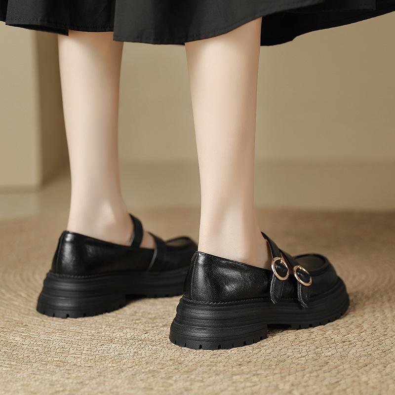 Retro British Style Small Leather Shoes for Women 2025 Spring and Autumn New Thick-soled One-word with Light Thick Heel Loafers Single Shoes for Women