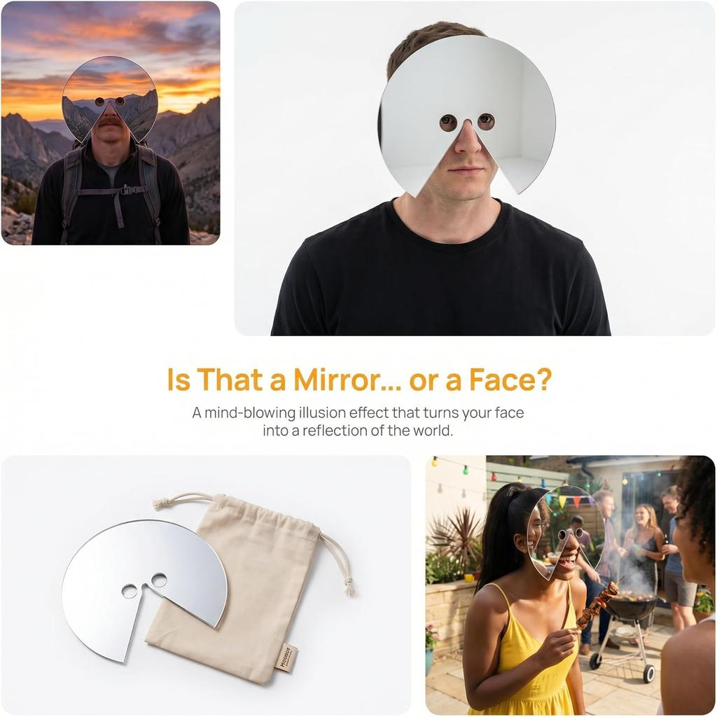 Maschera a specchio con effetto illusorio, accessorio riflettente per scherzi, contenuti per social media e fotografia creativa, maschera leggera.