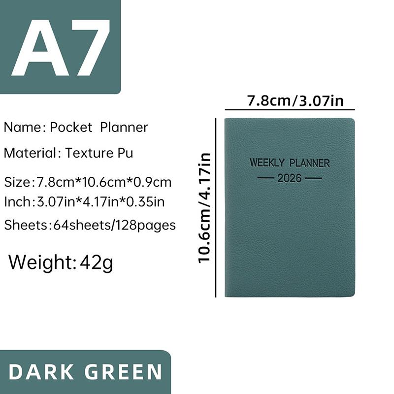 A7 Specification 2026 English Planner Book, Mini Portable Pocket Daily Schedule Book Thin Weekly Calendar