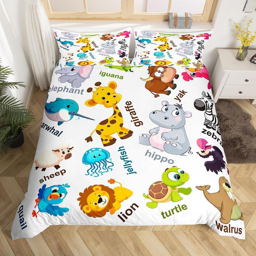 Kid Zoo Tier Bettbezug Niedliche Wildtiere Giraffe Bettwäsche Set Cartoon Löwe Nilpferd Schildkröte Yak Bettdeckenbezug Polyester Steppdeckenbezug
