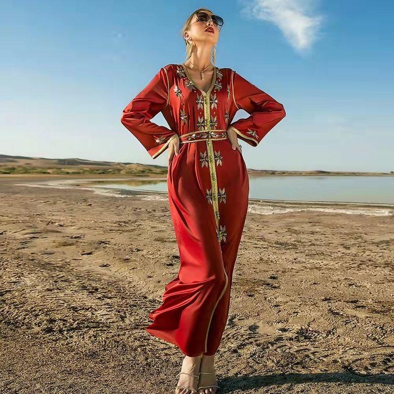 

Heavy Industry Hand Sewing Drill High end Dress Robe Handmade Diamond Temperament Dress Burning orange M