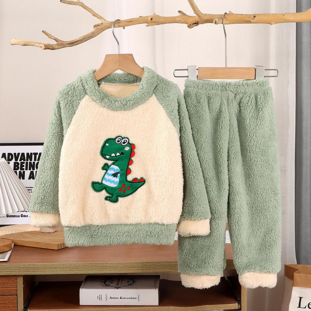 Kids' Flannel Pajama Set - Thick Coral Fleece, Long-Sleeved, One-Piece Sleepwear for Boys & Girls, Perfect for Autumn/Winter.