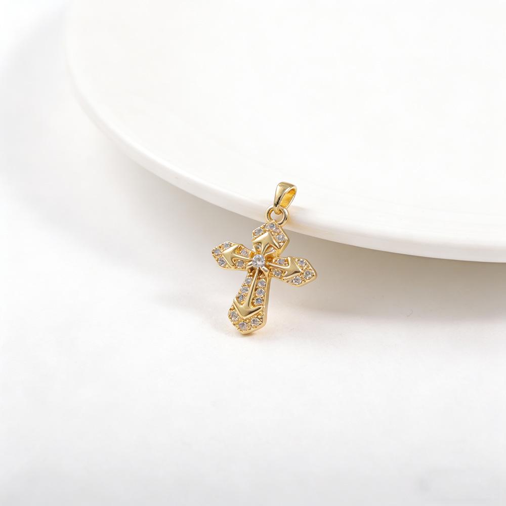 Stylish Rhinestone Cross Pendant with Floral Pattern and Zirconia Inlay