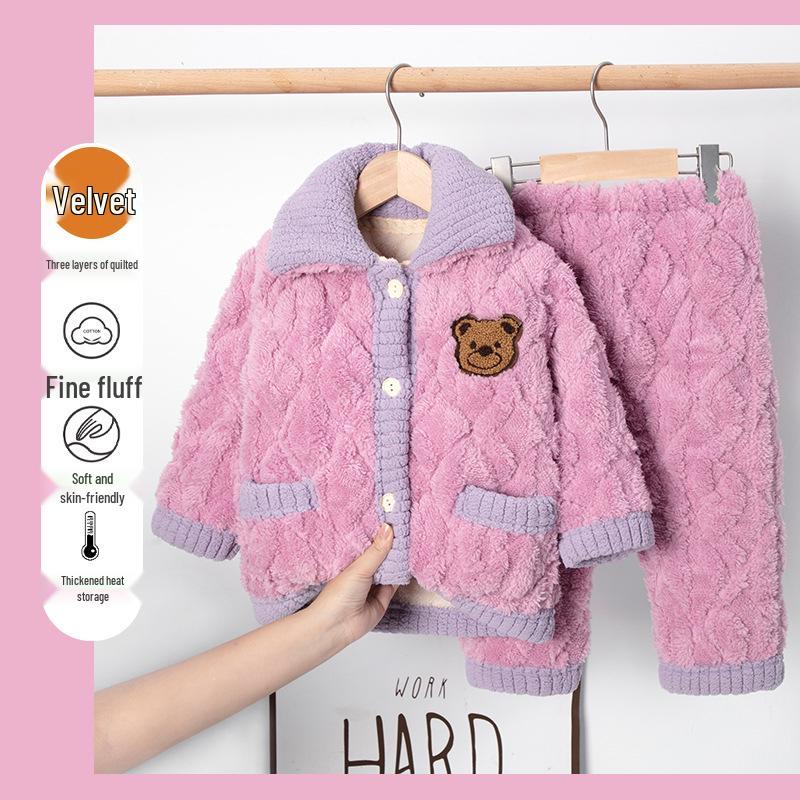 Winter Kids' Flannel Pajamas: Boys & Girls Coral Fleece, Velvet-Lined, Three-Layer Quilted Parent-Child Sleepwear