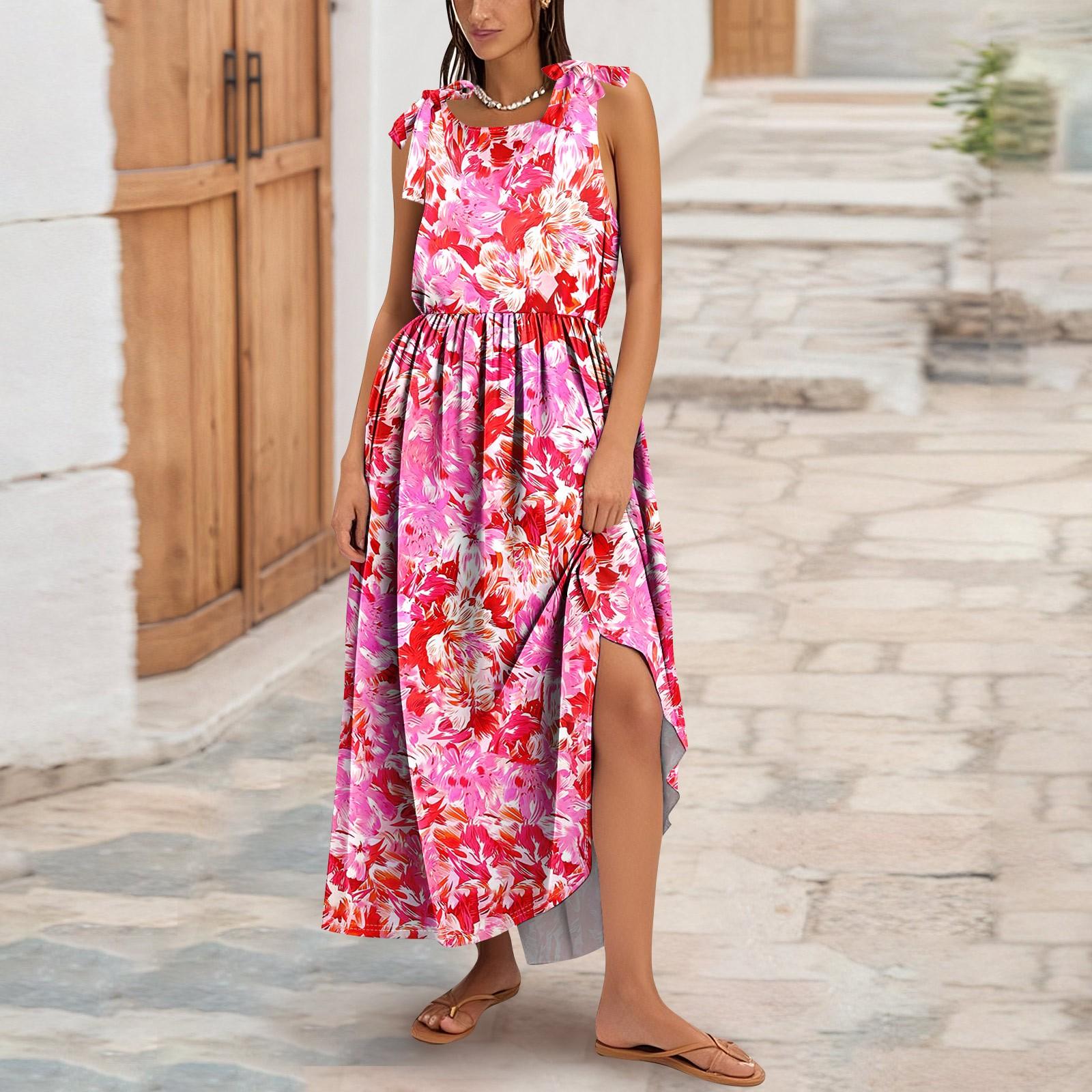 

Женское летнее модное платье-майка А-силуэта без рукавов повседневное платье с цветочным принтом/однотонными карманами XXL