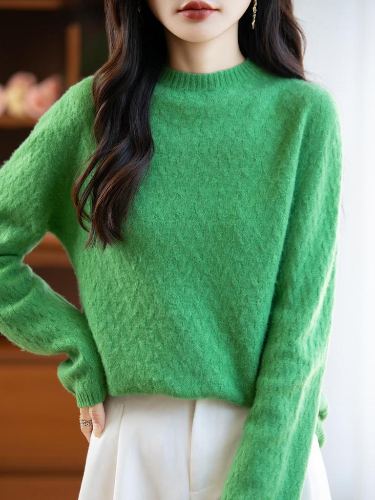 Women's 100% Pure Wool Wheat Ear Pattern Base Layer Top - Plus Size, Stylish Autumn/Winter 2025 Sweater
