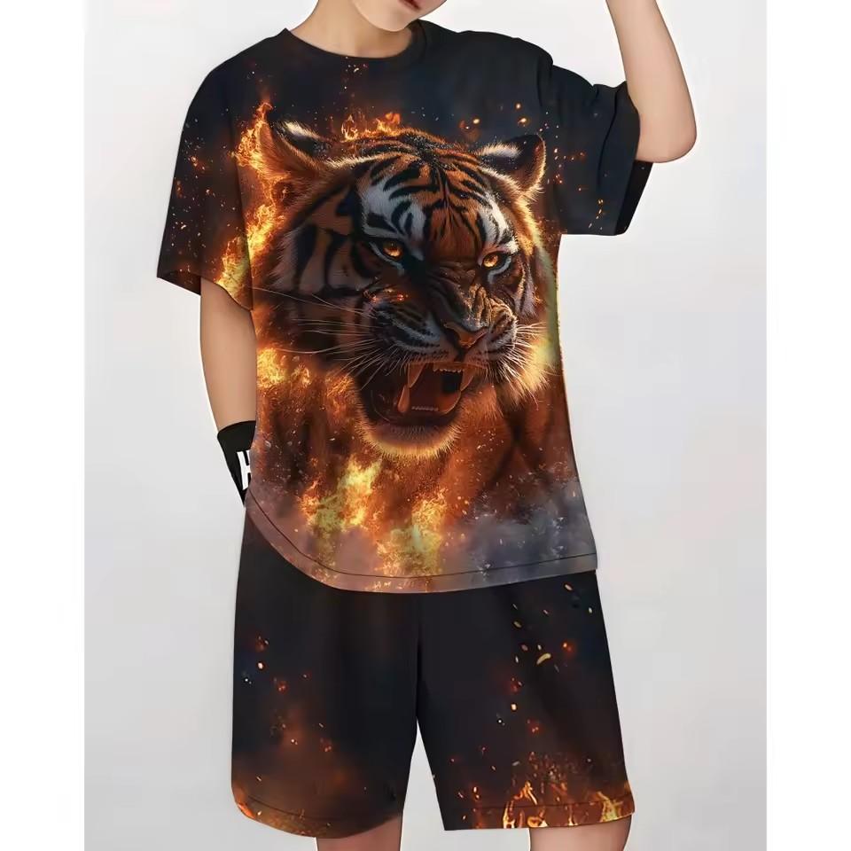 Summer men's T-shirt set, men's clothing T-shirt set, retro street style loose T-shirt short sleeved and shorts set, lightweight