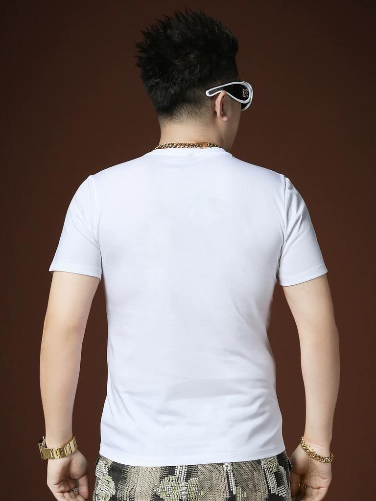 Ozhouzhan Trendy Men's Short Sleeve T-shirt Summer Trendy Brand Casual Round Neck Letter Hot Drilling Top Half Sleeve T-shirt Men