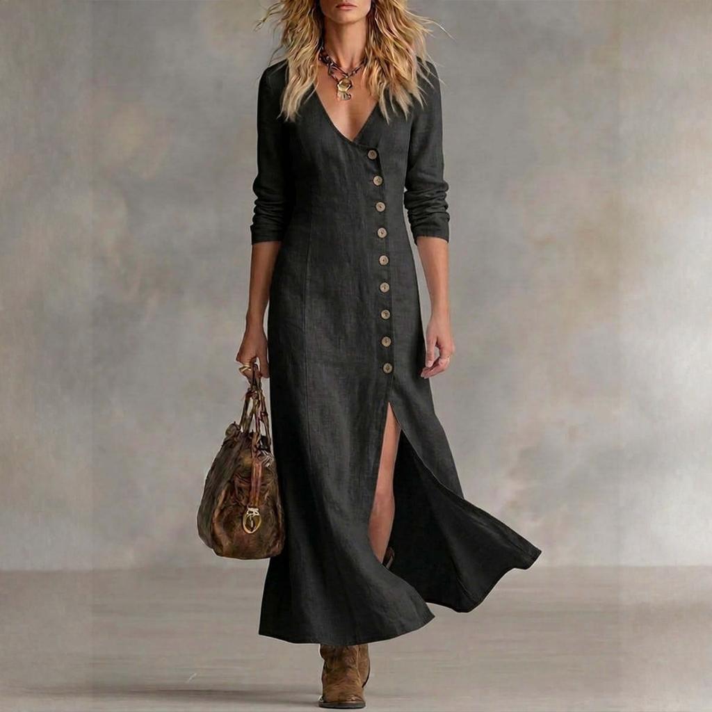Women's Fashionable Casual Cotton-Linen Long-Sleeve Button-Down Dress