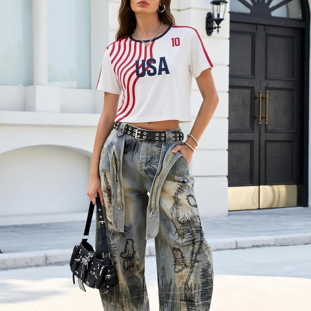 Women’s Casual Short Sleeve Crew Neck T-Shirt Top with USA Letter and Star Print for Sports and Everyday Wear