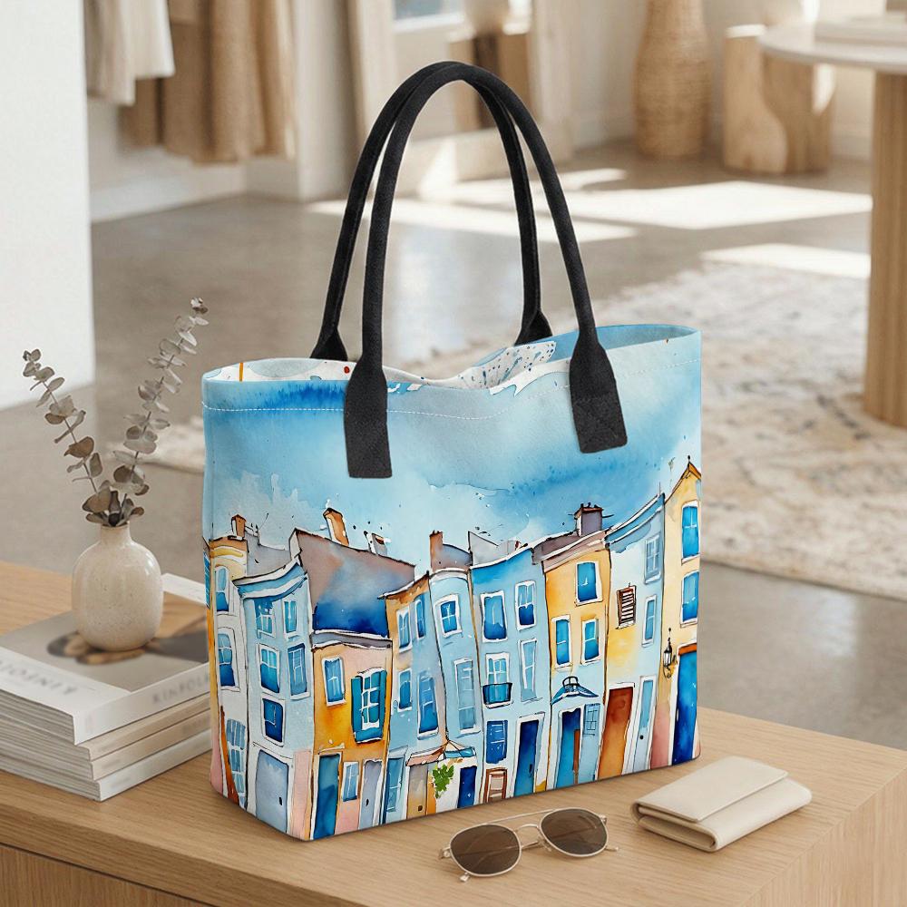 Watercolor Cityscape Tote Bag Casual Large Capacity Handbag For Daily Shopping Travel