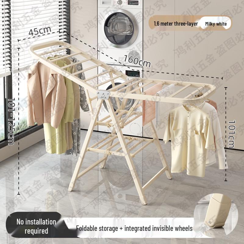 Folding Floor-Standing Clothes Drying Rack for Household, Bedroom, Balcony, Indoor Use - Ideal for Baby Clothes and Quilts.