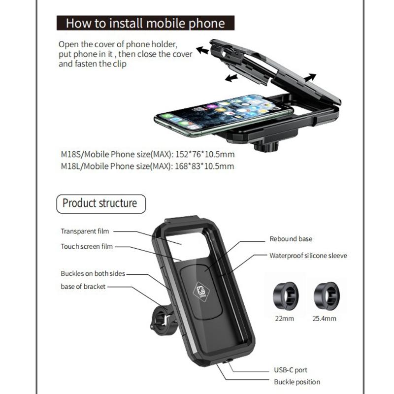 Motorcycle Phone Holder Waterproof Case Bike Phone Mount 1" Ball Handlebar Stem Mobile Holder Double Socket Arms Aluminium Base