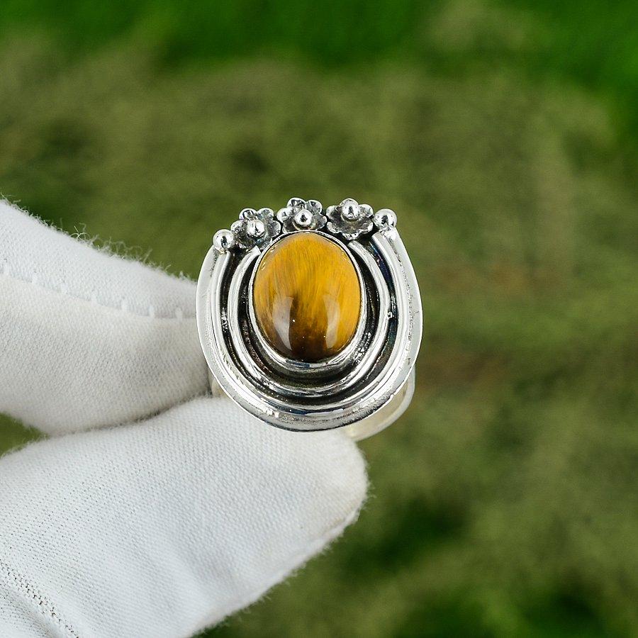 Natural Tiger Eye Gemstone 925 Silver Statement Adjustable Ring For Girls