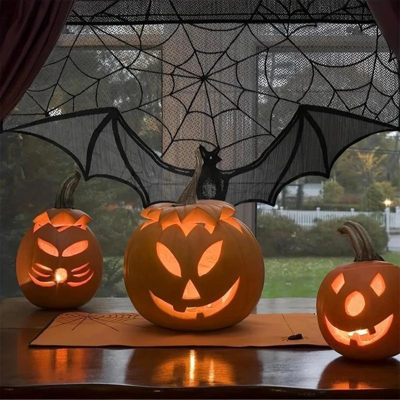 Halloween Lace Curtain Gothic Bat Tablecloth Fireplace Scarf Window Cover for Party Home Decoration Cobweb Halloween