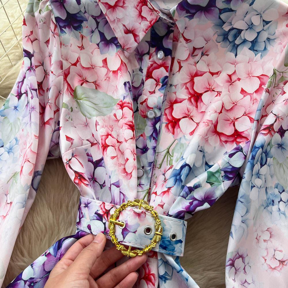 Vintage Style Color-Blocked Floral Print Turn Down Collar Shirt Dress for Women Spring 2026 Fashion Tie-Waist Single-Button Long Maxi Dress