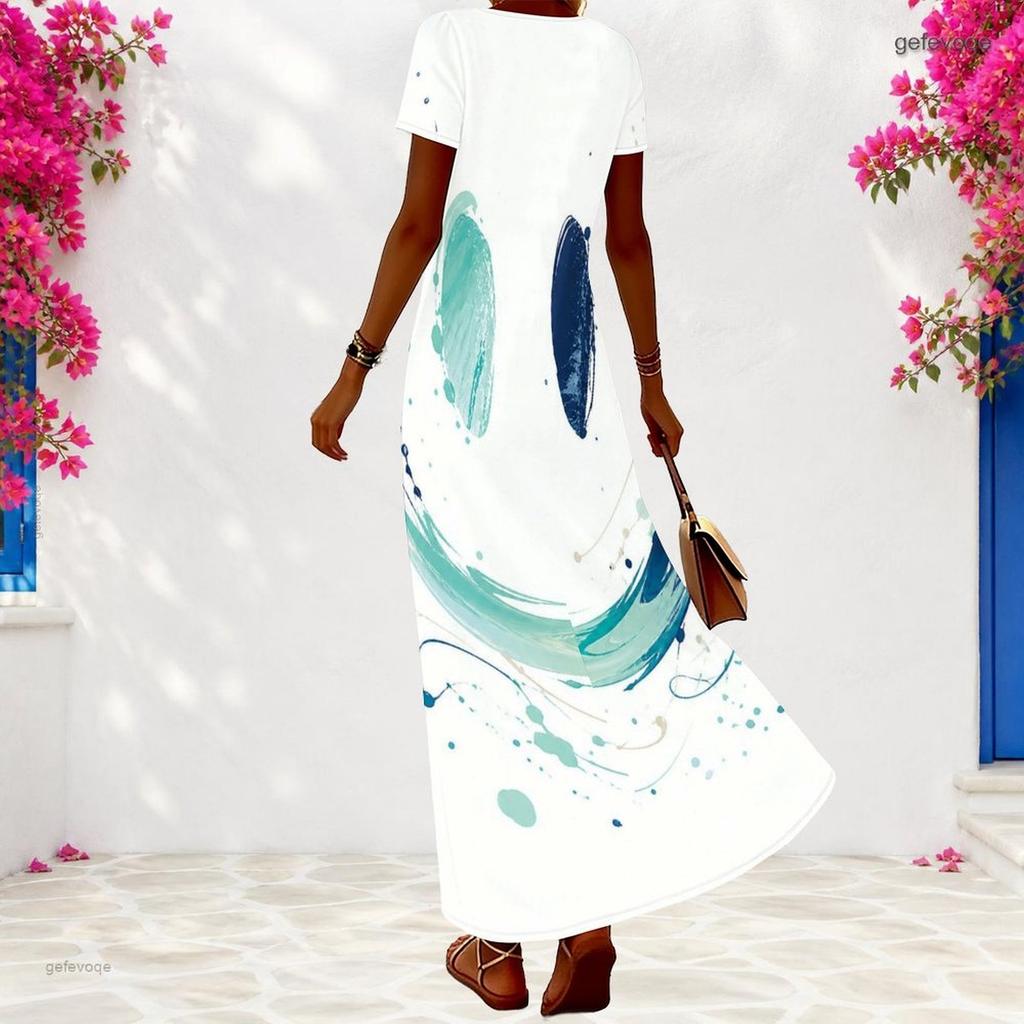 Women Plus Size V Neck Short Sleeve Printed White Maxi Dress