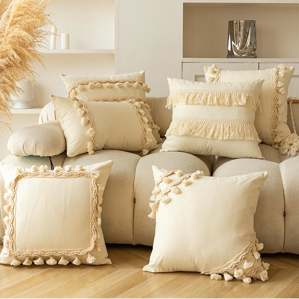 Boho Beige Cushion Cover Funda Cogines De 45X45 Tassel Geometric Pattern Throw Pillowcase Simple Cotton Pillow Covers Decor Home