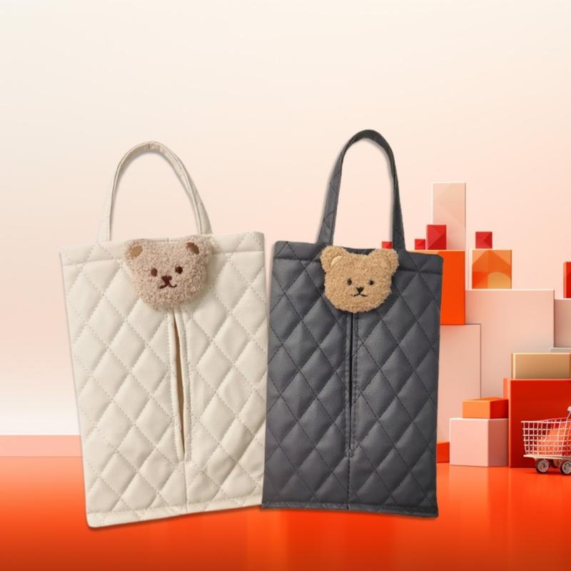 Hanging Pouch with Bear Pattern Design Practical Durable Tissue Box Holder Pouch Keep Your Auto Organized for Back Seat