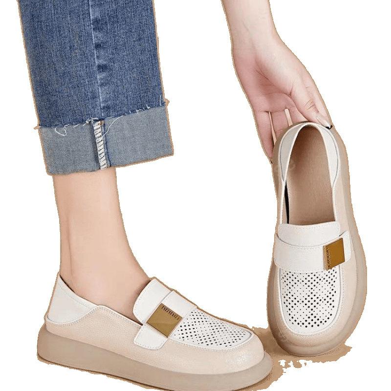 Leather Loafers Women's 2025 Summer and Autumn New Breathable Hollow Soft Sole Casual Versatile Lazy Shoes Hole Hole Single Shoes
