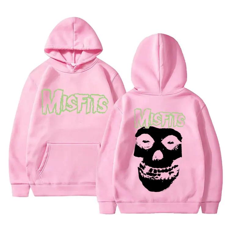 Horror Punk Misfits Graficzny Nadruk Czaszki Bluza z Kapturem Męska Gotycka Vintage Luźna Bluza z Kapturem Męska Polar Bawełna Ubrania Męska Bluza Rockowa