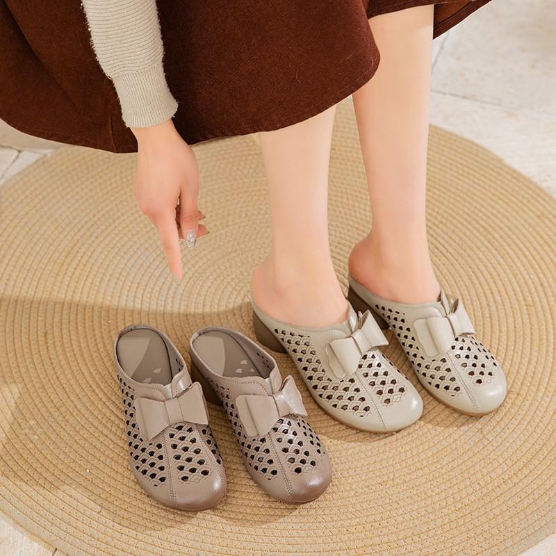 Johnature Women's Slippers Genuine Leather Hollow-out Thick Heel Flower Round Toe Versatile Women's Shoes