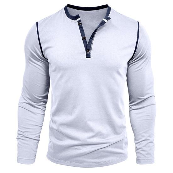 Fall Spring Men Shirt Buttoned Stand Collar Color Matching Pullover Slim Fit Mid Length Casual Daily