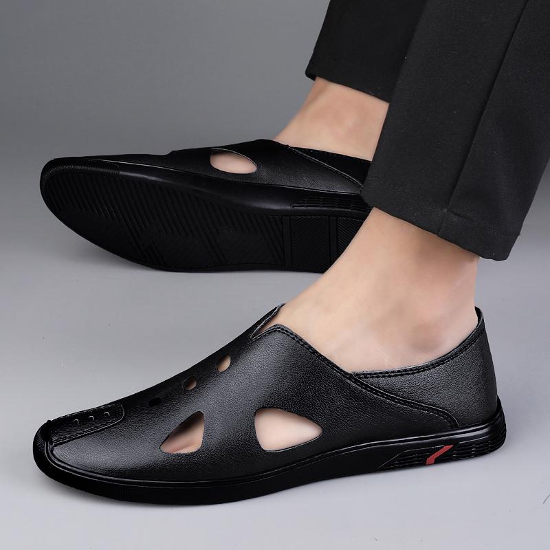 Men Driving Sandals Cozy Hollow Non-slip Soft Cool Lighted Breathable All-match Perforated Shoe Versatile Casual Leather Sandals