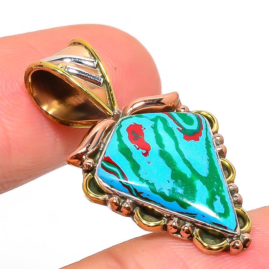 Natural Rainbow Calcica Two Tone 925 Solid Sterling Silver Pendant 1.40" p8O88