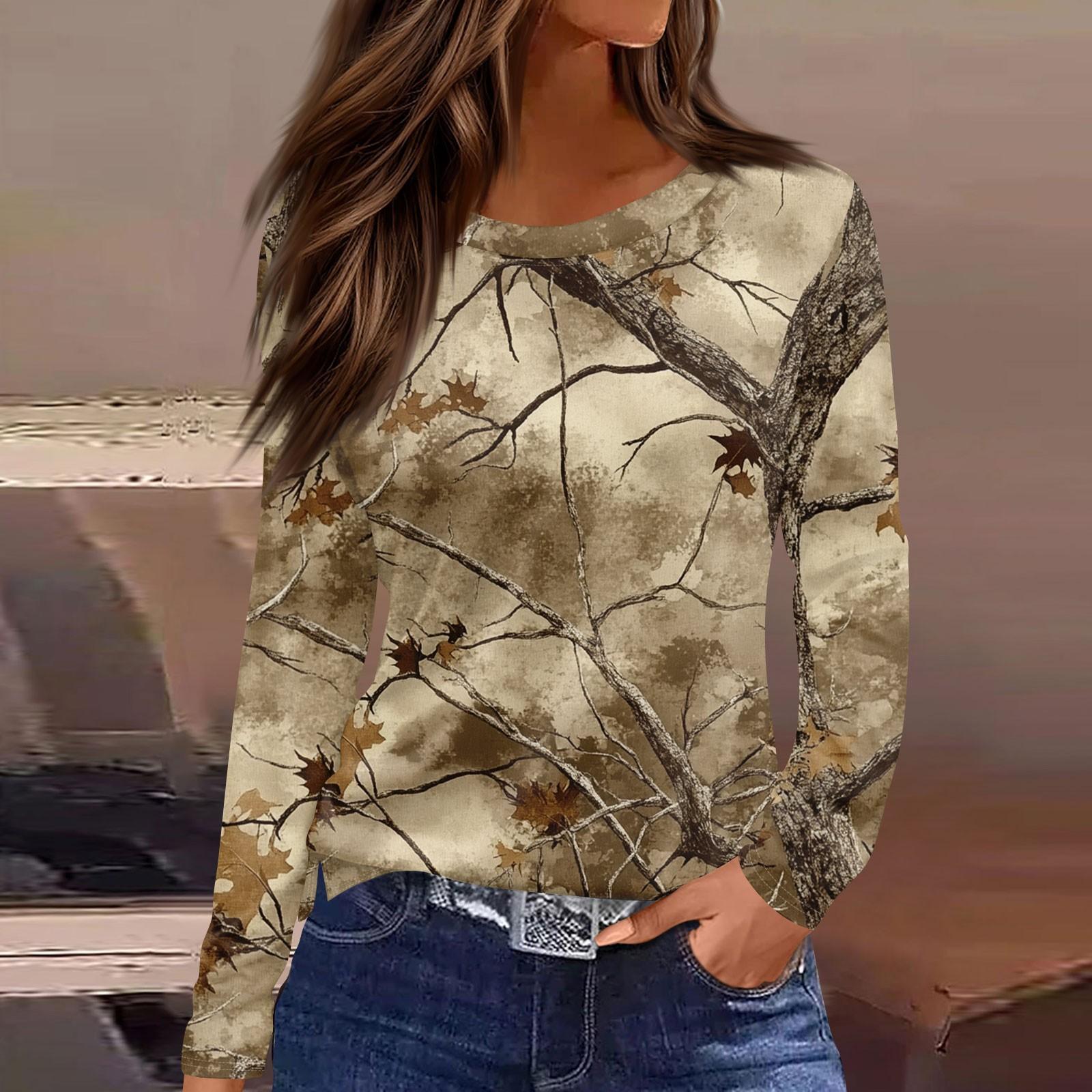 

Женская мода повседневный топ с разрезом по низу и принтом мертвых листьев, круглый вырез, длинный рукав S хаки
