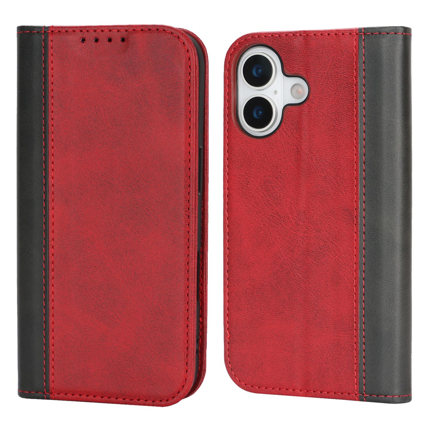 

For iPhone 17 Case Calf Texture 3 Card Slots Color Splicing Leather Phone Cover Red Black