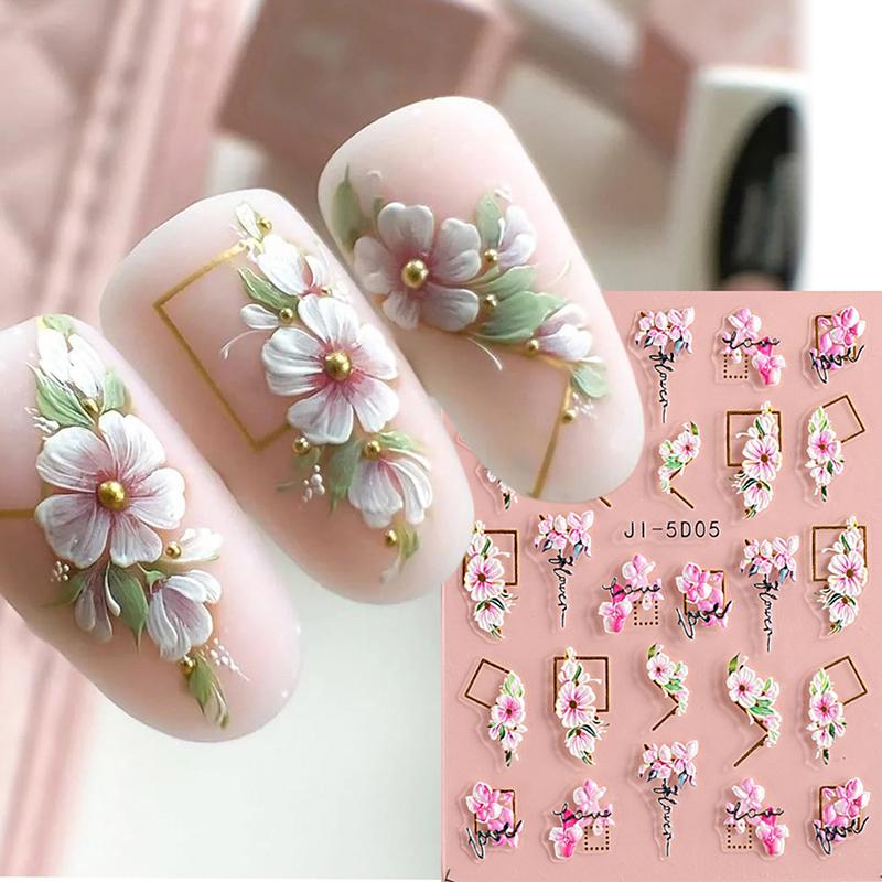5D Nail Stickers Flowers Heart Shape Decor Acrylic Embossed Slippers Gold Frame Nail Decals Cherry Blossom Manicure