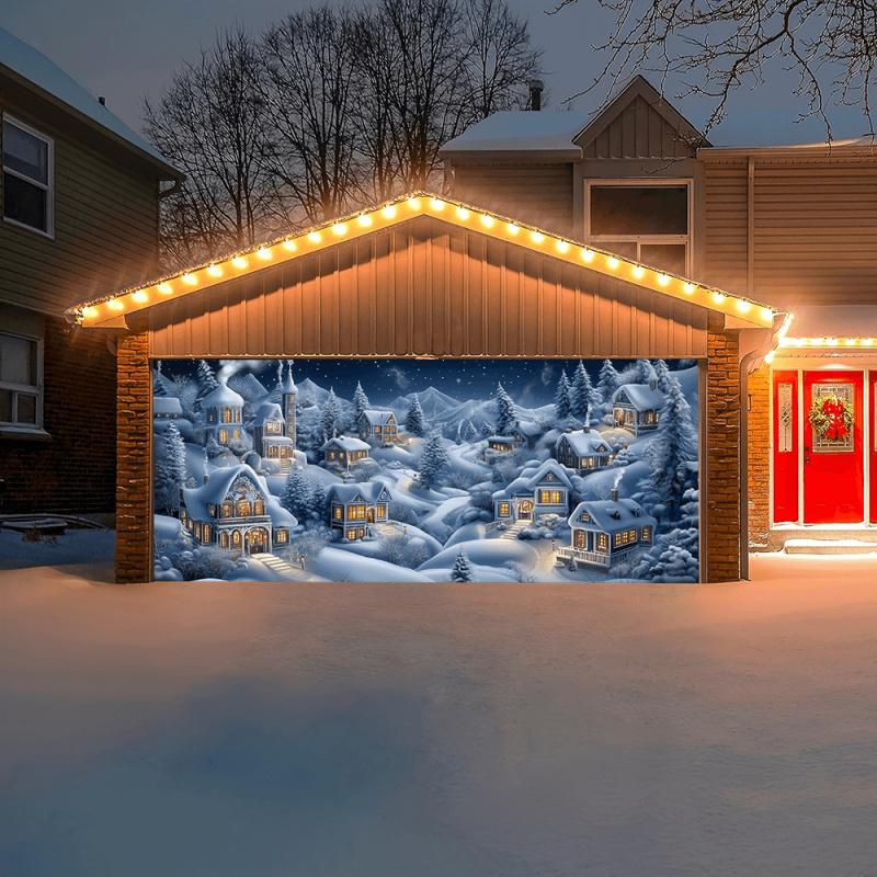 1pc2D flat snow scene Christmas village garage door banner durable holiday decoration no power required wsj