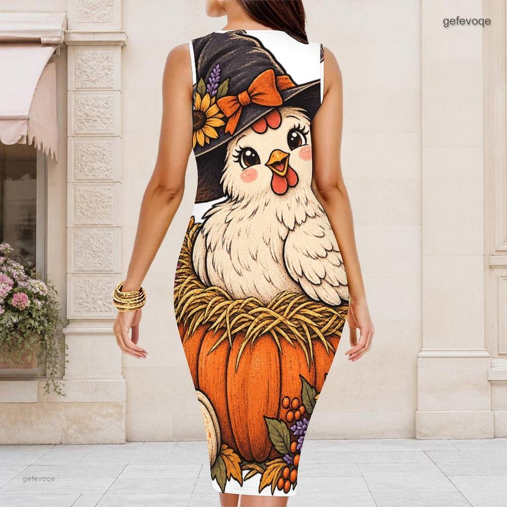 Women Plus Size Round Neck Sleeveless Halloween Ghost Print White Bodycon Midi Dress