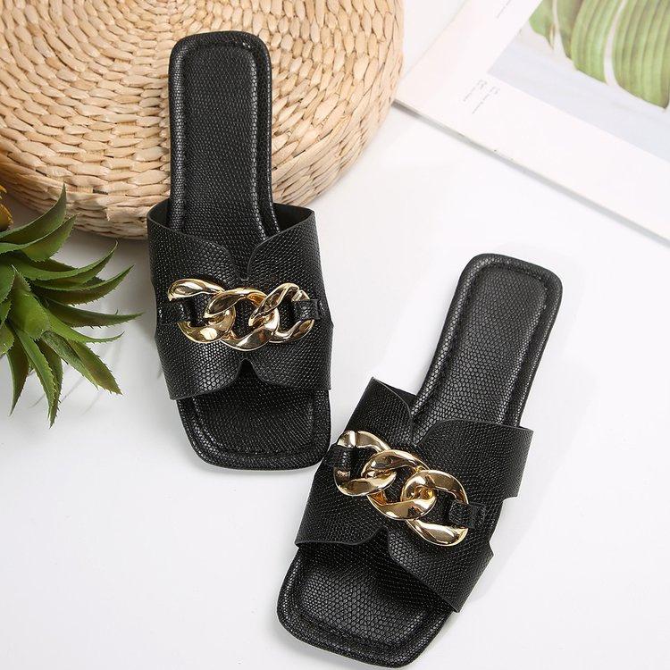 22 Large Size Flat-bottomed Slippers Flat-bottomed Light Chain Square Head One-character Casual Sandals