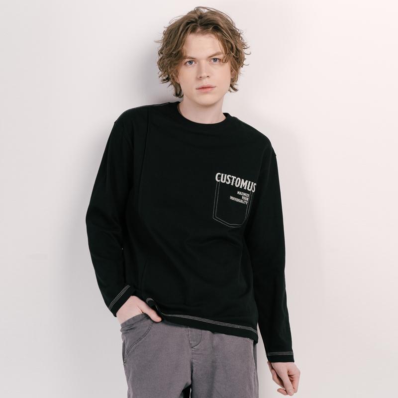 Custom Us Logo Print Pintuck Round Long Sleeve T-Shirt Cxs25Skrt304 Bla Black/L