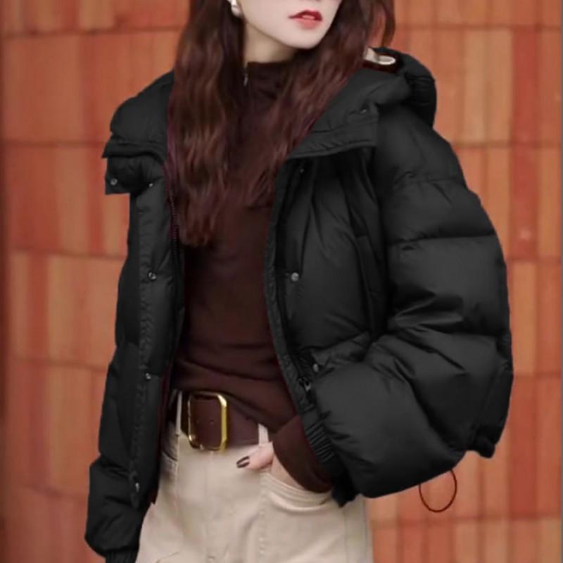 Womens Red Brown Hooded Short Cotton Coat Casual Winter Zip-up Loose Fit Jacket