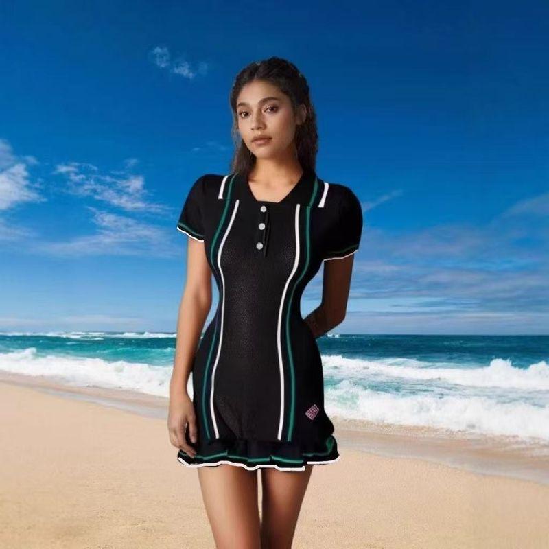 

Classic Style Knitting Short Sleeve Women s New Arrival French Retro Lapel and Waist Tight Slimming Flounce Short Sheath Dress Black Free size